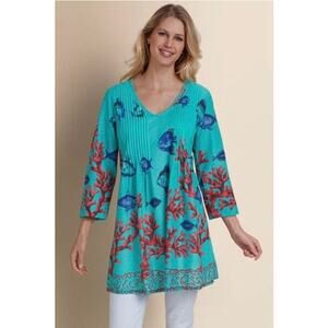 NWOT SOFT SURROUNDINGS Top Tunic PL Blue Corals Fish Beaded Crochet V-Neck Pleat